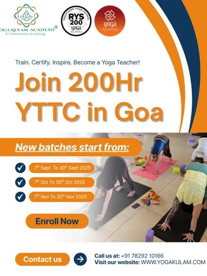 Another look at our 200-hour YTTC in Goa, showing students in Adho Mukha Svanasana (Downward-Facing Dog) during an indoor class, emphasizing our focus on foundational postures.