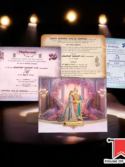 A stunning lavender wedding invitation featuring a royal Indian couple, adorned with intricate gold detailing and personalized acrylic names for a regal touch.