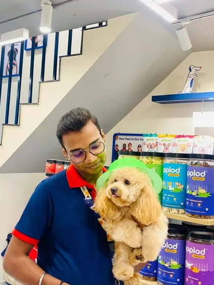 A staff member holds a freshly groomed poodle wearing a cute green shower cap, showcasing our gentle and playful approach to grooming.