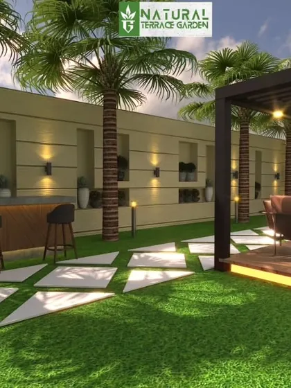 A 3D render highlighting the outdoor bar and pergola in the front yard concept. This shows how we can create multiple functional zones within a single landscape.