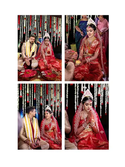 A four-part collage showcasing the beautiful bride during various moments of her traditional wedding ceremony.