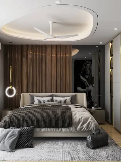 A bedroom designed for a music lover, featuring a large-scale portrait of a rockstar. These renders show how we can incorporate personal interests and bold graphic elements into a sleek, modern interior.