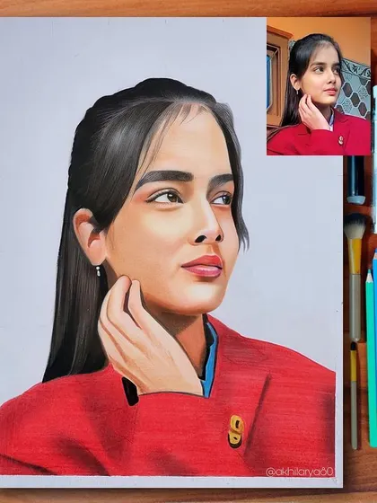 This A4 colored pencil portrait of a young woman has a very sharp and confident look. The bright red jacket makes for a bold and striking image.