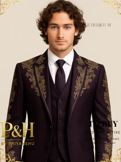 A portrait shot that captures the regal and authoritative feel of this heavily embroidered purple three-piece suit.