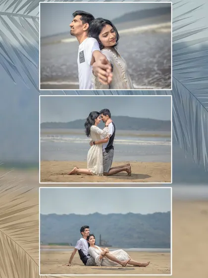 This collage showcases a variety of poses from a beach pre-wedding shoot, from playful interactions to romantic embraces, capturing the full story of your day by the sea.