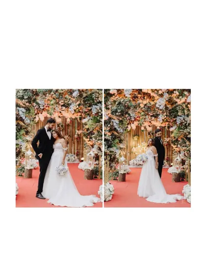 Two portraits of the couple under a stunning floral arch, one intimate and one classic. This shows our versatility in capturing both romance and elegance.