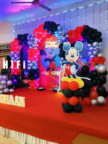 Another angle of the Mickey Mouse Clubhouse stage, showing the full arrangement of characters and balloons.