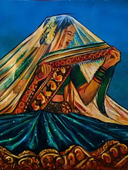 An artistic piece focusing on the form and fabric of a traditional ghagra and veil. The work is less about portraiture and more about capturing movement, culture, and mystery.