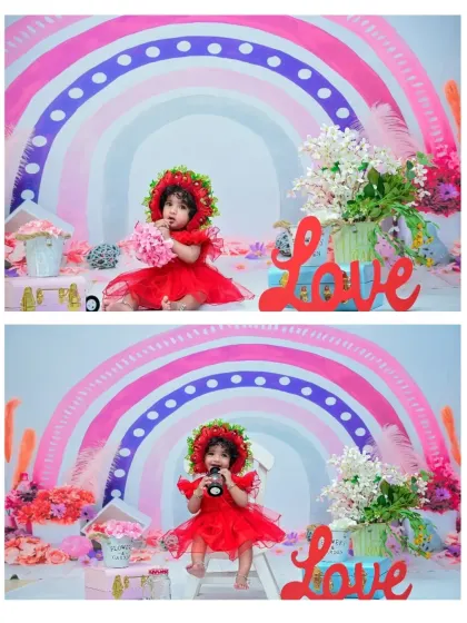 A two-photo collage from the rainbow theme, capturing the baby interacting with different props, showing her playful side.