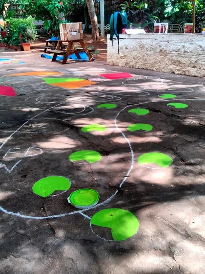 The beginning stages of the floor mural, with green lily pads and chalk outlines showing where the "Speed Run" will be.