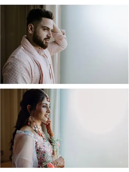 A diptych showing the bride and groom in moments of quiet reflection, both looking towards their future. This artistic composition tells a story of two individuals about to become one.