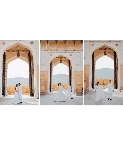 A sequence of shots showing the couple walking through a grand arched hallway, creating a sense of movement and storytelling.