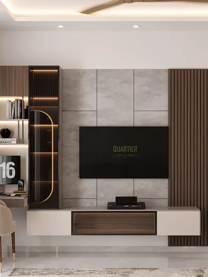 This master bedroom render for ATS Rhapsody features a simple grey textured wall behind the bed, with fluted louvers above. The design is minimalist yet warm, with a focus on texture and soft lighting.