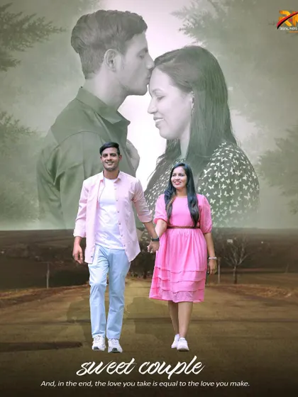 A creative composite pre-wedding photograph showing the couple walking hand-in-hand, with a larger, faded image of them sharing a kiss in the background. This style adds a layer of storytelling and romance.