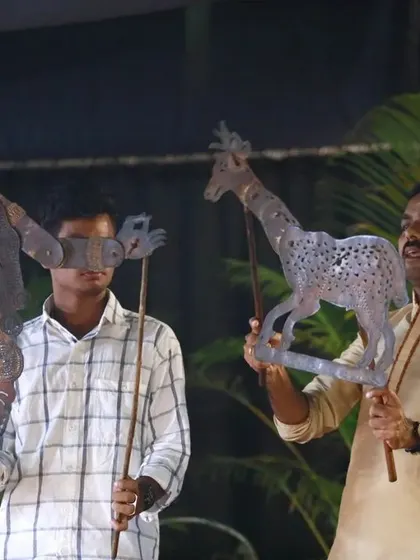 A demonstration of Tholpavakuthu, the traditional shadow puppetry of Kerala. The puppets are made of leather and their intricate designs create beautiful silhouettes when backlit, a technique we explore in our workshops and festivals.