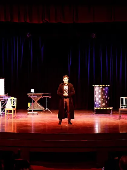 A view of the full stage setup for my "Las Vegas Magic Show" at the LTG Auditorium. The props, lighting, and backdrop all come together to create a professional and theatrical experience.