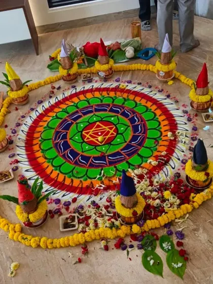 A beautiful rangoli from the housewarming ceremony of my client's villa at Nambiar Eleganza. This marks the culmination of a two-year journey, from selecting the perfect site to building a fully Vastu-compliant dream home.