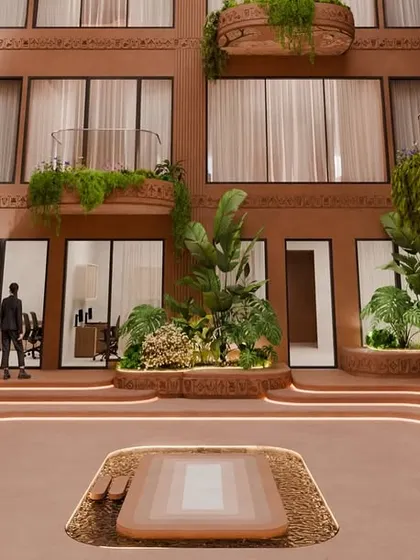The courtyard comes alive with the interplay of light, texture, and detail. The warm terracotta tones and abundant greenery create a serene and grounded atmosphere.