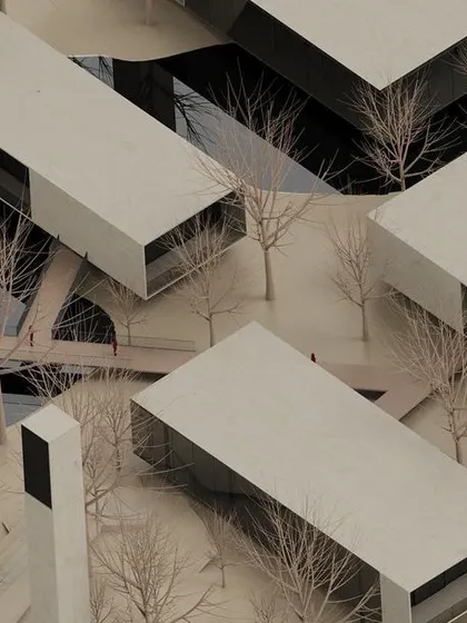 A physical model of our "Urban Oasis" project. The model shows how the minimalist buildings are scattered throughout the site, connected by bridges over a flowing stream, creating a village-like atmosphere within a dense, man-made forest.