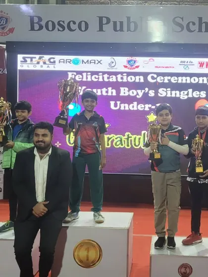 The podium for the Youth Boy's Singles U-13 category at the Delhi State Championship, with our champion Arunim taking the top spot for the gold medal.