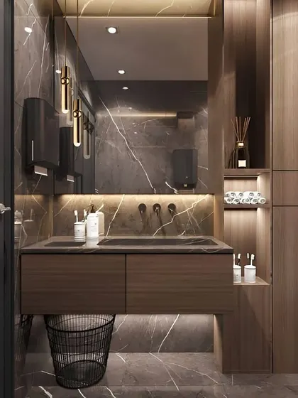 A duplicate of image 172, this luxurious powder room showcases our skill in combining materials like dark marble and wood with sophisticated lighting to create an elegant space.