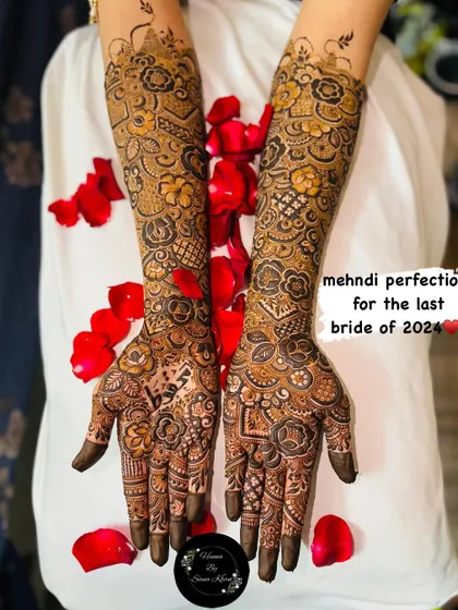 A breathtaking full-arm bridal design, showered with delicate rose petals. I love combining bold floral patterns with fine, intricate details to create a look that is both classic and unforgettable.