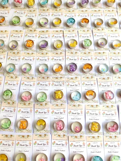 A large order of 175 scented tealight candles, created as budget-friendly and beautiful return gifts for a Baptism ceremony in Kerala.