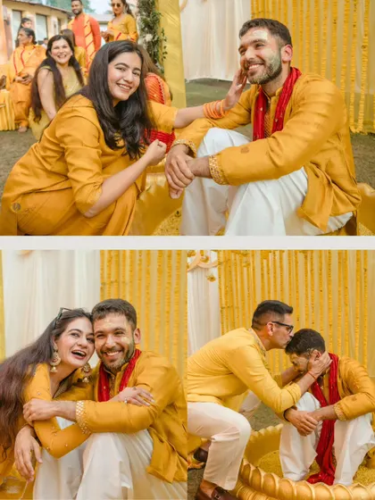 A collection of sweet and candid moments from a haldi ceremony. These photos show the couple sharing loving glances and enjoying the rituals with their family.