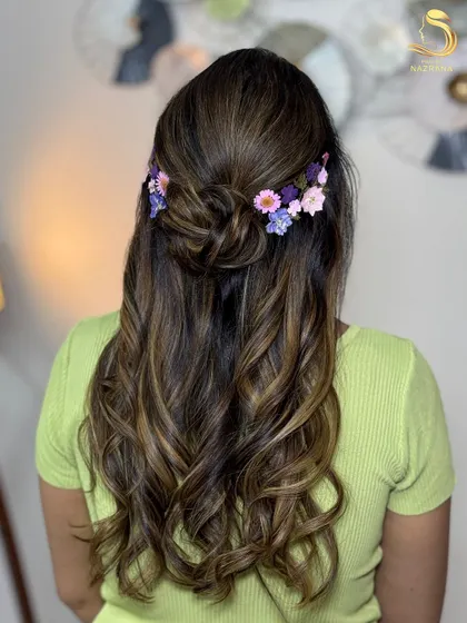 Another angle of the pressed flower hairstyle, showing the beautiful blend of colours.