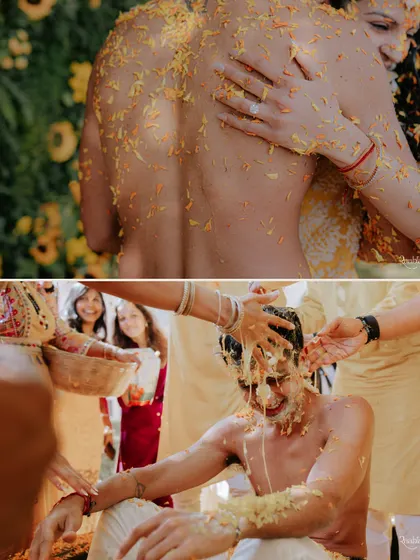 A collage of raw and real moments from the haldi, showing the groom being covered in turmeric paste and sharing an embrace with the bride.