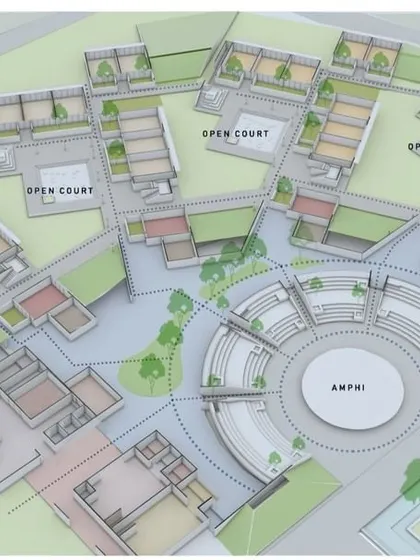 A 3D site plan of the academic block at Vellore International School, showing the arrangement of classroom clusters around open courts and the central amphitheater.