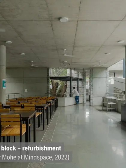 The refurbished dining block at IIM Bangalore (2022), featuring an open, naturally ventilated design with a simple concrete and wood material palette.