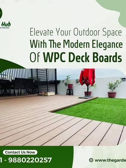 Elevate your outdoor space with the modern elegance of WPC deck boards. This image shows a terrace design combining WPC decking with artificial grass.