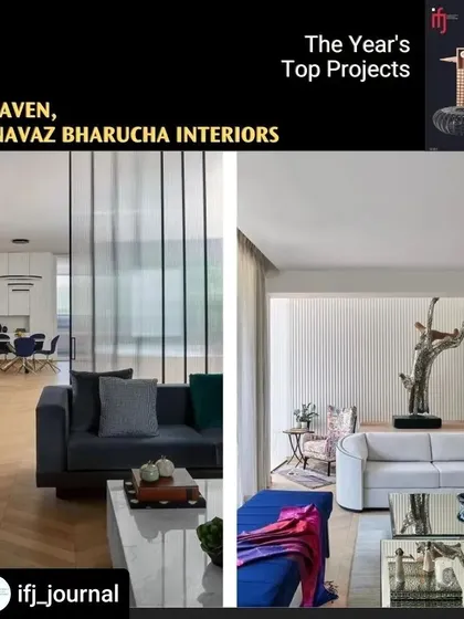 This feature showcases 'The Haven,' a project where we blended New York minimalism with Parisian details. This living space uses a calm color palette and clean lines, with a sheer partition to define the area without closing it off.