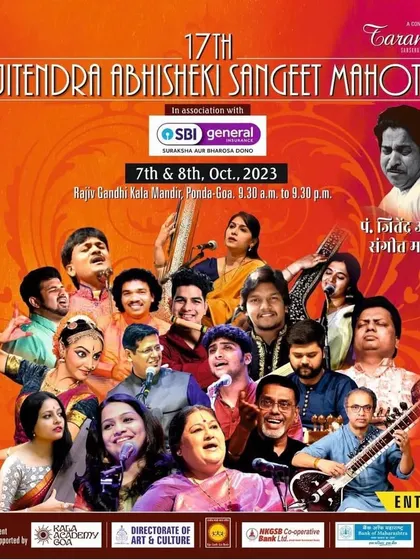 The poster for the 17th Pt. Jitendra Abhisheki Sangeet Mahotsav in Goa, a festival dedicated to a legendary artist.