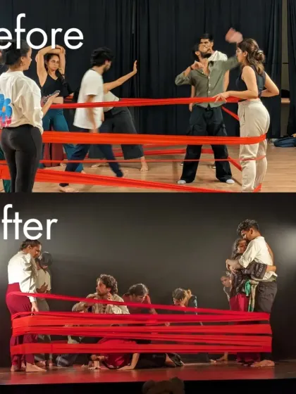 Before and after: from a studio rehearsal to the final stage performance of 'Sea's Fire'. This shows the transformation of a creative concept into a powerful theatrical moment.