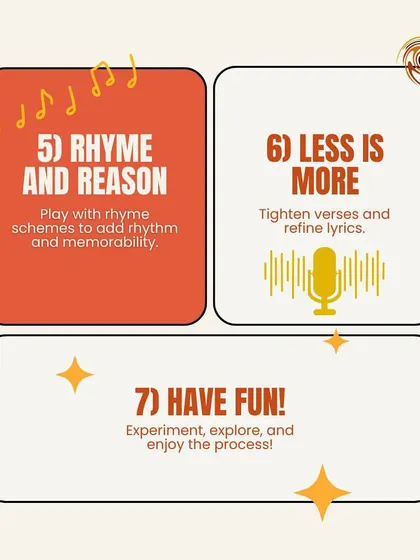 To make your songs memorable, play with rhyme schemes, refine your lyrics, and most importantly, have fun with the process.
