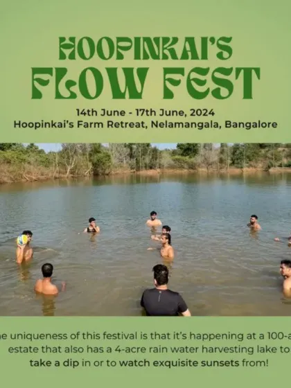 The beautiful setting of Hoopinkai's Flow Fest, featuring a 100-acre estate with a rainwater harvesting lake. The environment is a key part of the healing experience.