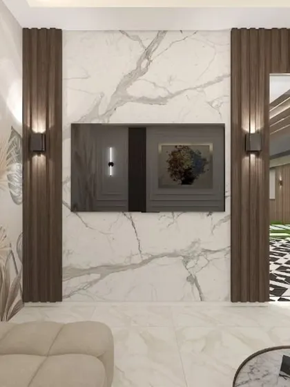 Interior view of a proposed glass house in Gurgaon. The design features a marble-clad media wall, elegant wallpaper, and a view out onto the landscaped terrace.