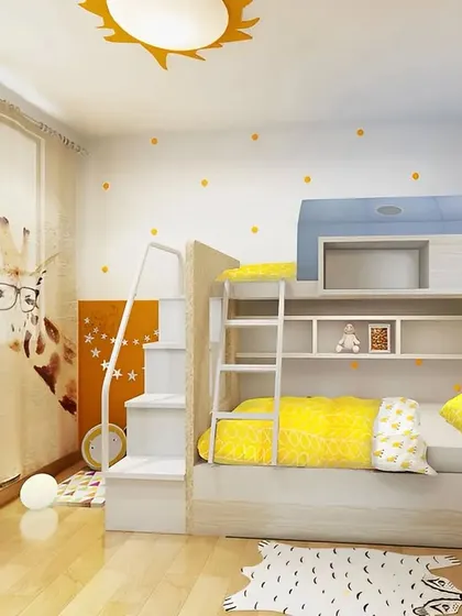 A sunny and cheerful kids' room with an animal theme. The bunk bed has a built-in shelf, and the fun curtains add to the playful vibe.