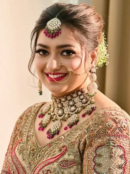 The happy smile of a Mohraya bride. She is wearing a beautiful Kundan choker with ruby-colored drops, a perfect match for her elegant bridal outfit.
