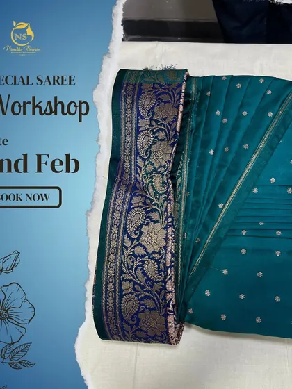 An announcement for our special saree workshop. These one-day events are a great way to learn a new skill in a short amount of time.