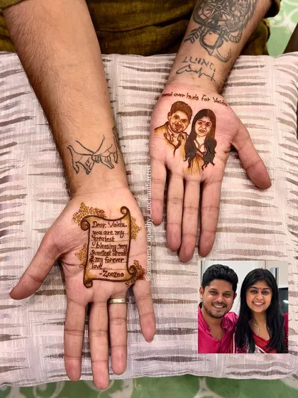 Mehandi isn't just for brides. This groom chose to express his love with a beautiful portrait of his bride on one hand and a heartfelt letter written in henna on the other, a truly personal touch.