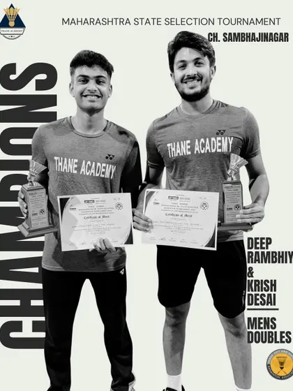 Deep Rambhiya and Krish Desai after winning the Men's Doubles title at the state selection tournament, a first senior state title for Krish.