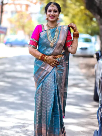 The complete look. Our bride looks absolutely radiant in her custom saree and blouse, ready for her big day.