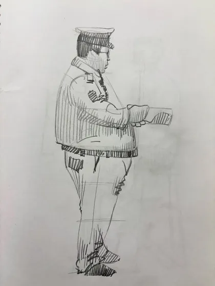 A sketch of a security guard, focusing on the form and volume of the figure.