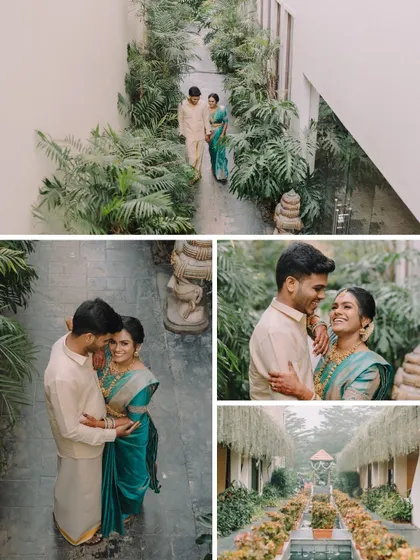 A collage showing the couple in various poses within a beautiful, green venue. It highlights both their connection and the serene ambiance of their wedding location.