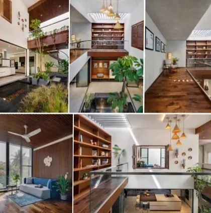 A collage of interior shots from 'Belaku' as seen in a publication, showcasing the library, living spaces, and atrium.