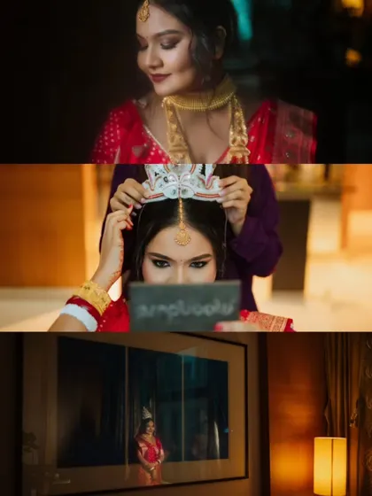 A collage showing the Bengali bride getting ready, from her makeup to adjusting her 'mukut'.