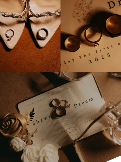 A collage of wedding details, including the rings on the shoes, the invitation, and a close-up of the wedding bands.